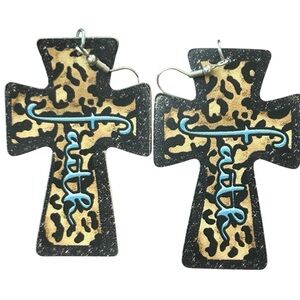 Leopard Cross Earrings Turquoise Faith Western‎ Country Dangle Drop